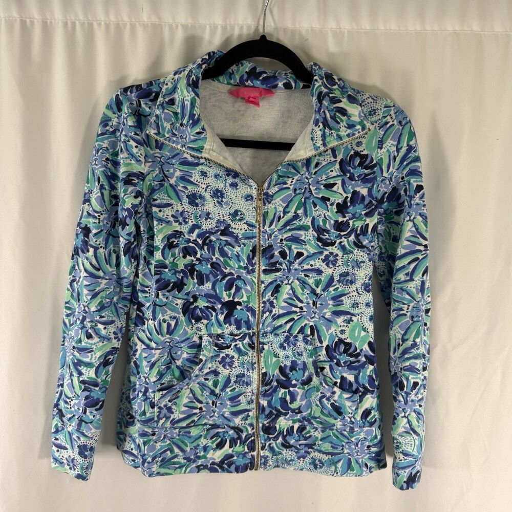 Lilly Pulitzer Jacket Women's XXS Blue Floral Lion Full Zip Long Sleeve Pockets